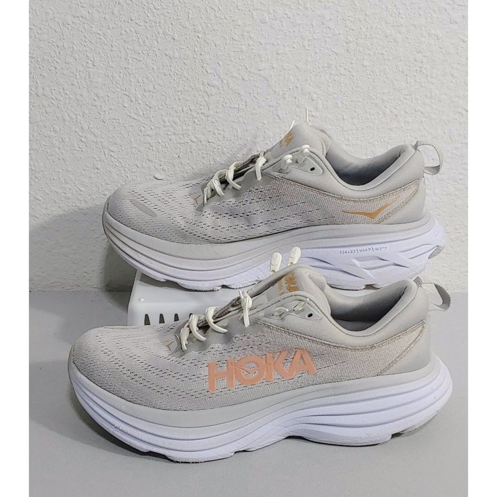 Hoka Women's Sneakers in Light Gray with Peach Logo Wide